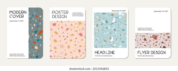 School diary cover design. Terrazzo abstract background made of natural stones, granite, quartz and marble. Venetian terrazzo texture school diary template.