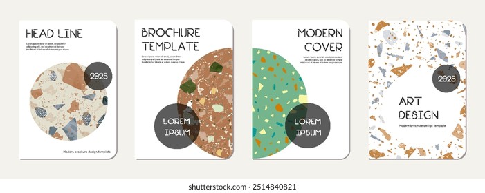 School diary cover design. Terrazzo abstract background made of natural stones, granite, quartz and marble. Venetian terrazzo texture school diary template.