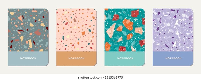 School diary cover design. Terrazzo abstract background made of natural stones, granite, quartz and marble. Venetian terrazzo texture school diary template.