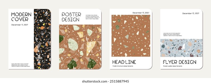 School diary cover design. Terrazzo abstract background made of natural stones, granite, quartz and marble. Venetian terrazzo texture school diary template.