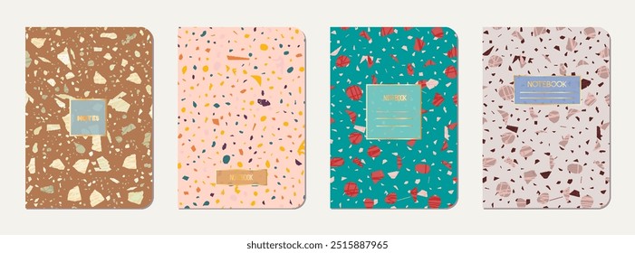 School diary cover design. Terrazzo abstract background made of natural stones, granite, quartz and marble. Venetian terrazzo texture school diary template.