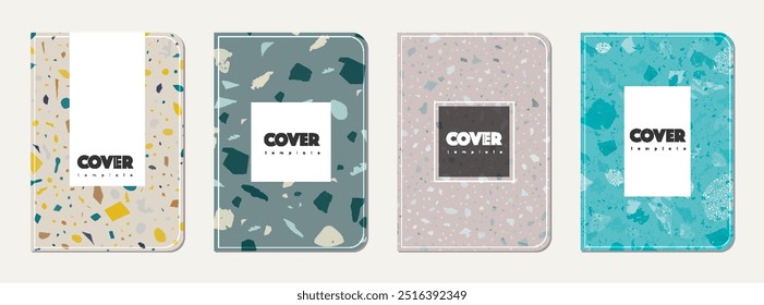 School diary cover design. Terrazzo abstract background made of natural stones, granite, quartz and marble. Venetian terrazzo texture school diary template.