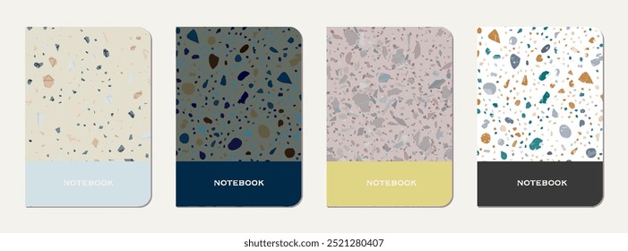 School diary cover design. Terrazzo abstract background made of natural stones, granite, quartz and marble. Venetian terrazzo texture school diary template.