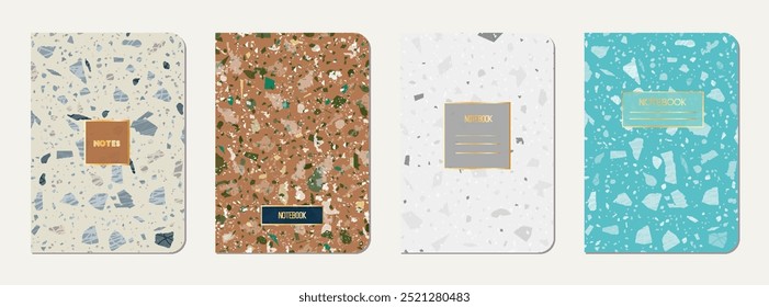 School diary cover design. Terrazzo abstract background made of natural stones, granite, quartz and marble. Venetian terrazzo texture school diary template.