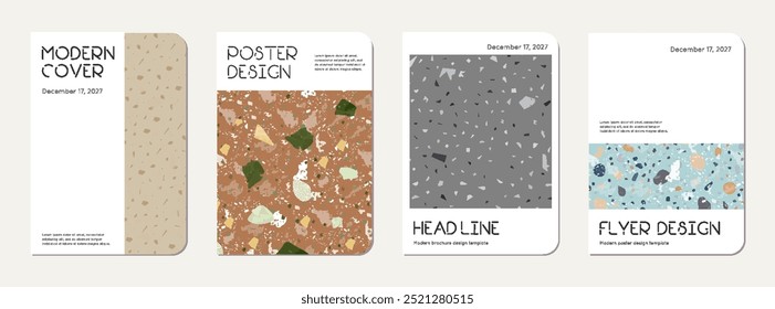 School diary cover design. Terrazzo abstract background made of natural stones, granite, quartz and marble. Venetian terrazzo texture school diary template.