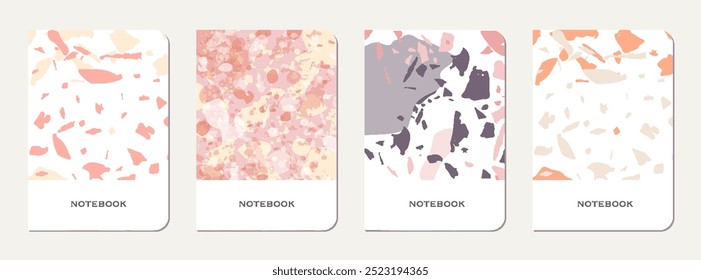 School diary cover design. Terrazzo abstract background made of natural stones, granite, quartz and marble. Venetian terrazzo texture school diary template.