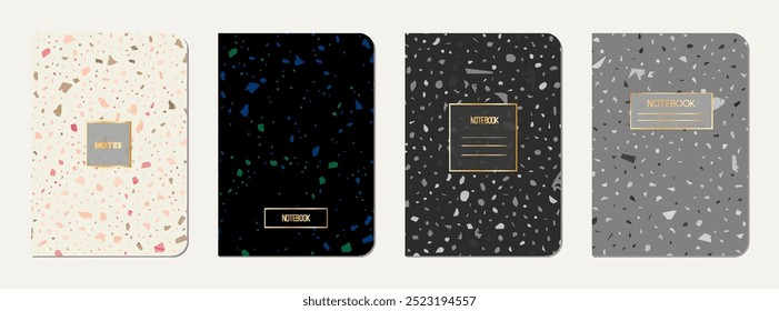 School diary cover design. Terrazzo abstract background made of natural stones, granite, quartz and marble. Venetian terrazzo texture school diary template.