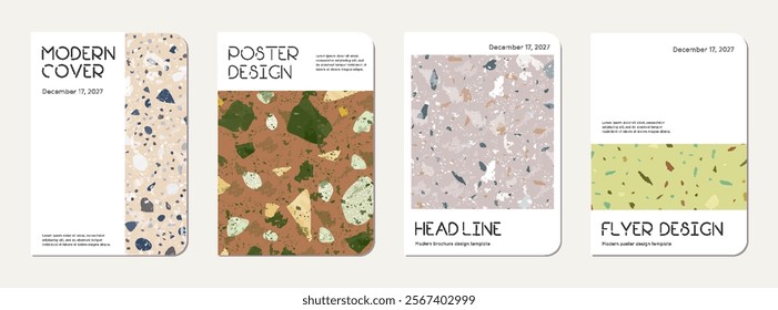 School diary cover design. Terrazzo abstract background made of natural stones, granite, quartz and marble. Venetian terrazzo texture school diary template.