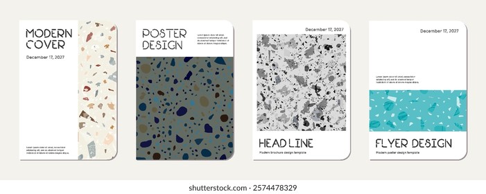 School diary cover design. Terrazzo abstract background made of natural stones, granite, quartz and marble. Venetian terrazzo texture school diary template.