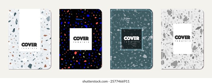 School diary cover design. Terrazzo abstract background made of natural stones, granite, quartz and marble. Venetian terrazzo texture school diary template.