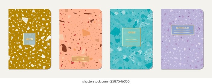 School diary cover design. Terrazzo abstract background made of natural stones, granite, quartz and marble. Venetian terrazzo texture school diary template.