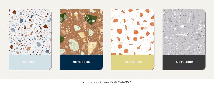 School diary cover design. Terrazzo abstract background made of natural stones, granite, quartz and marble. Venetian terrazzo texture school diary template.