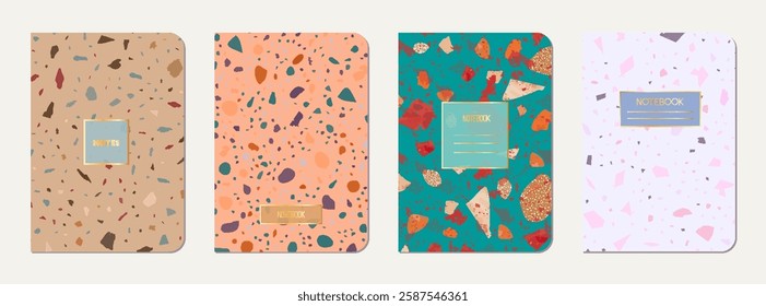 School diary cover design. Terrazzo abstract background made of natural stones, granite, quartz and marble. Venetian terrazzo texture school diary template.