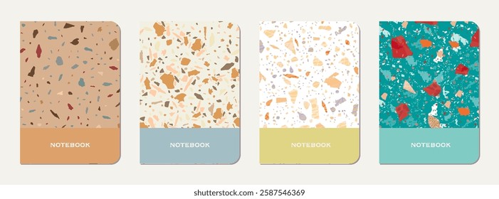 School diary cover design. Terrazzo abstract background made of natural stones, granite, quartz and marble. Venetian terrazzo texture school diary template.