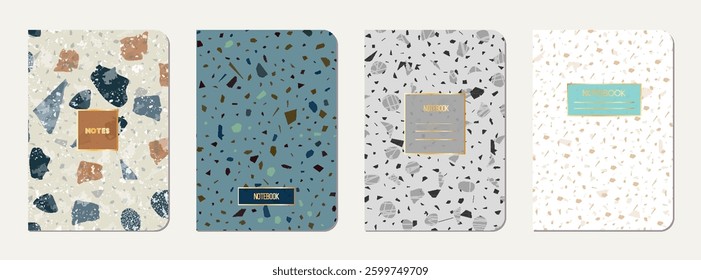School diary cover design. Terrazzo abstract background made of natural stones, granite, quartz and marble. Venetian terrazzo texture school diary template.