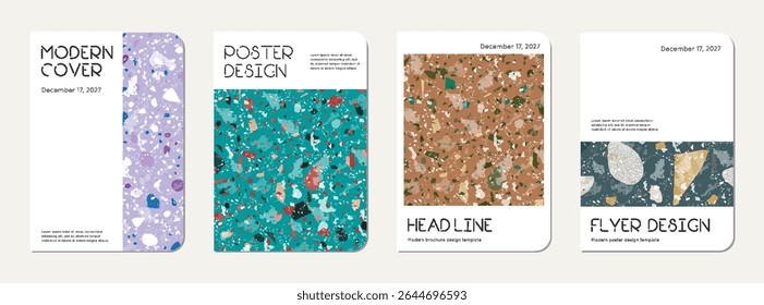 Design de capa de diário escolar. Fundo abstrato terrazzo feito de pedras naturais, granito, quartzo e mármore. Modelo de diário escolar de textura terrazzo veneziano.