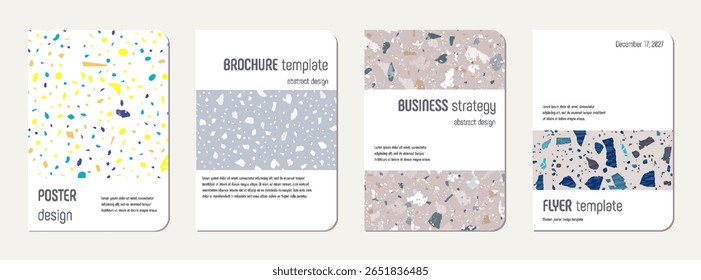 Design de capa de diário escolar. Fundo abstrato terrazzo feito de pedras naturais, granito, quartzo e mármore. Modelo de diário escolar de textura terrazzo veneziano.