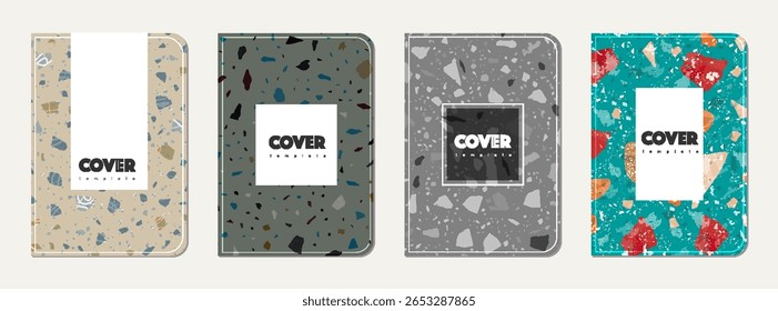Design de capa de diário escolar. Fundo abstrato terrazzo feito de pedras naturais, granito, quartzo e mármore. Modelo de diário escolar de textura terrazzo veneziano.