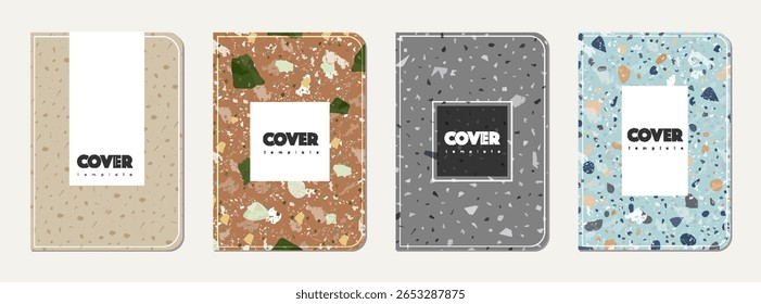 Design de capa de diário escolar. Fundo abstrato terrazzo feito de pedras naturais, granito, quartzo e mármore. Modelo de diário escolar de textura terrazzo veneziano.