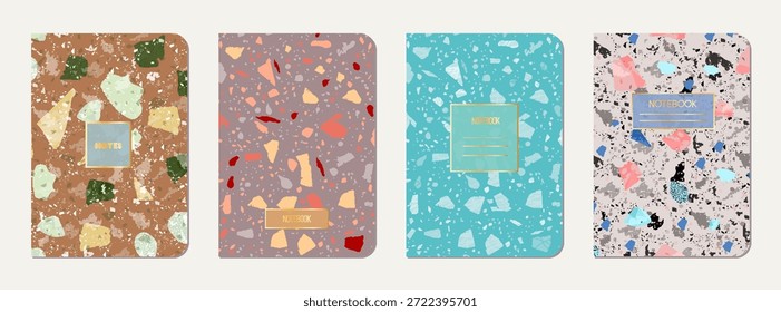 Diseño de la cubierta del diario escolar. Fondo abstracto de terrazo hecho de piedras naturales, granito, cuarzo y mármol. Plantilla de diario escolar de textura de terrazo veneciano.