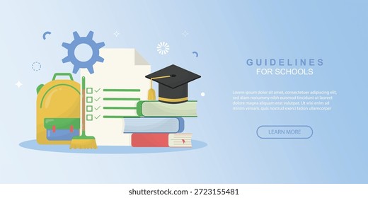 School Digital Cleanup Guidelines Banner. Backpack, checklists, books, cap, broom, and gear promoting digital cleanup guidelines for schools, encouraging organized digital habits. Vector illustration - Powered by Shutterstock - Get 15% off with code: PIKWIZARD15
