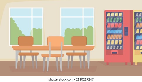 School dining space flat color vector illustration. College cafeteria area. Lunch break space. Hallway with table and vending machines 2D cartoon interior with window on background