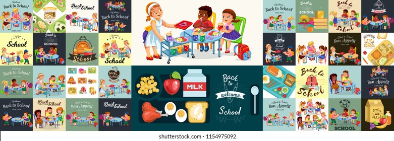 School dinner colorful set, Composition of posters with pupils lunch canteen interior