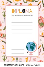 School diploma certificate for children and students with stationery and art supplies, cartoon style. Background with place for text. Trendy modern vector illustration, hand drawn, flat design.