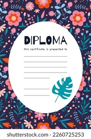 School diploma certificate for children and students with floral pattern, cartoon style. Background with cute wild flowers and place for text. Trendy modern vector illustration, hand drawn, flat 