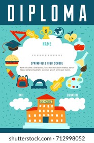 School diploma certificate design with empty place for graduate name date and signature vector illustration 