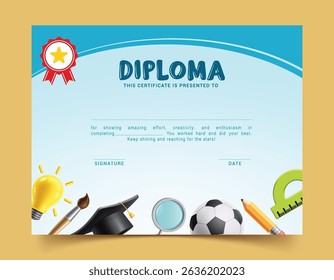 School diploma certificate template clipart. School graduation award editable clip art for kindergarten, preschool and primary achievement diploma layout vector illustration. 
