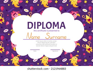 School diploma, certificate template with cute and funny monster characters. Cartoon vector illustration with smiling creatures