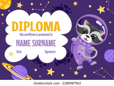 School Diploma, Certificate Template With Cute Raccoon Astronaut In Space Suit For Kids In Kindergarten Or Primary Grades. Cartoon Vector Illustration With Galaxy Animals
