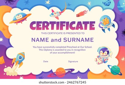 School diploma, certificate template with cute animals astronaut in spacesuit for kids in kindergarten or primary grades. Cartoon vector illustration with galaxy animals