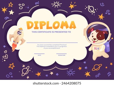 Diploma escolar, certificado de Plantilla con animales lindos astronauta en traje espacial para los niños en los grados de jardín de infantes o primaria. Ilustración vectorial de dibujos animados con animales de galaxia
