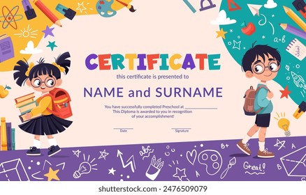 School diploma, certificate template with cute schoolchildren for kids in kindergarten or primary grades. Cartoon vector illustration with school objects, supplies, books