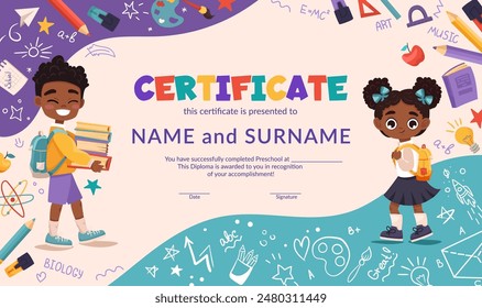 School diploma, certificate template with cute schoolchildren for kids in kindergarten or primary grades. Cartoon vector illustration with school objects, supplies, books