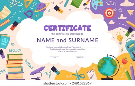 School diploma, certificate template with cute schoolchildren for kids in kindergarten or primary grades. Cartoon vector illustration with school objects, supplies, books