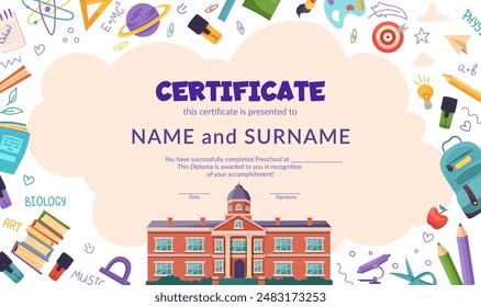 School diploma, certificate template with cute schoolchildren for kids in kindergarten or primary grades. Cartoon vector illustration with school objects, supplies, books