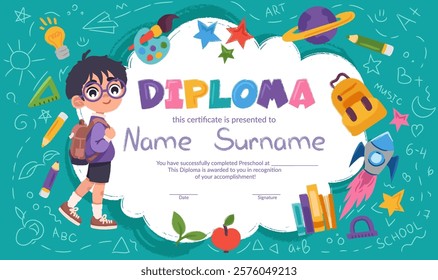 School diploma, certificate template with cute child for kids in kindergarten or primary grades. Cartoon vector illustration with school objects, supplies, books, rocket, backpack, watercolors