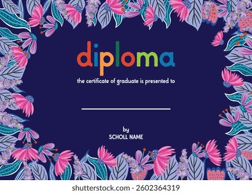 School diploma, certificate template with cute frame