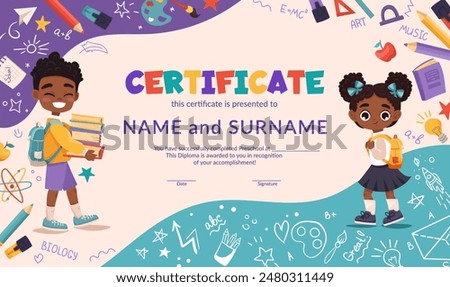 School diploma, certificate template with cute schoolchildren for kids in kindergarten or primary grades. Cartoon vector illustration with school objects, supplies, books
