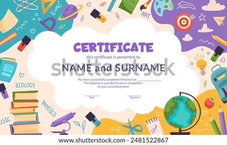 School diploma, certificate template with cute schoolchildren for kids in kindergarten or primary grades. Cartoon vector illustration with school objects, supplies, books