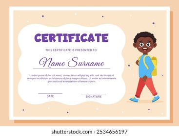 School diploma, certificate template with schoolboy.