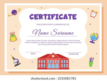 School diploma, certificate template with school and school supplies.