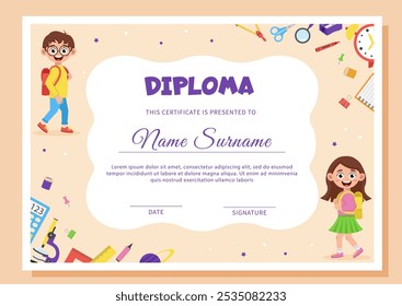 Diploma escolar, Plantilla de certificado con útiles escolares y escolares.