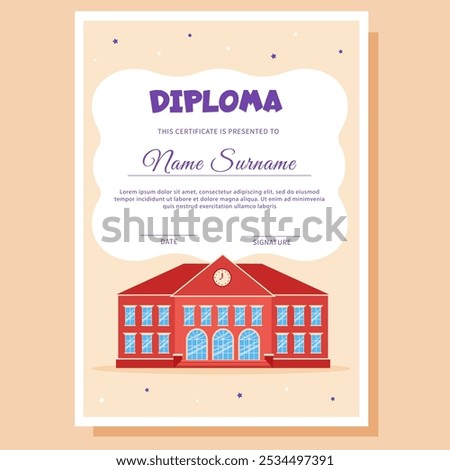 School diploma, certificate template with school and school supplies.