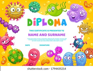 School Diploma, Vector Certificate Template With Funny Germs Characters, Cartoon Education Frame For Kindergarten. Baby Border Design With Cute Bacteria, Cells And Comic Viruses With Smiling Faces