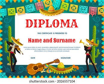 Diploma escolar vectorial Dia de los Muertos esqueletos en el sombrero que juegan violín y trompeta. Certificado educativo con personajes del Día de los Muertos en México fiesta de fiesta, flores de oro y cactus