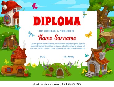 School diploma vector template with cartoon dwarf, gnome and fairy houses and fantasy buildings. Education kindergarten certificate with cute elf homes in forest. Preschool kids diploma, frame or gift